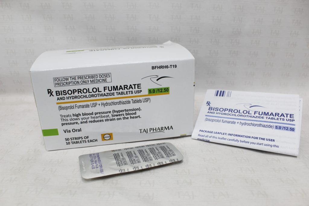Taj Pharma is WHO-GMP Certified Pharmaceutical Wholesaler of Bisoprolol Fumarate 5mg and Hydrochlorothiazide 12.5mg Tablets, Bisoprolol Fumarate 5mg and Hydrochlorothiazide 12.5mg Tablets Supplier, Bisoprolol Fumarate 5mg and Hydrochlorothiazide 12.5mg Tablets Exporters from India. Taj Pharma holds excellent record in manufacturing of Bisoprolol Fumarate 5mg and Hydrochlorothiazide 12.5mg Tablets from India.