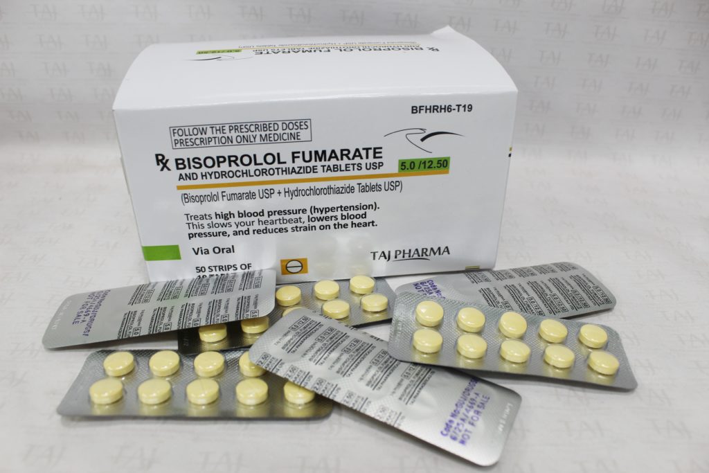Find here Bisoprolol Fumarate 5mg and Hydrochlorothiazide 12.5mg Tablets FDA approved, Bisoprolol Fumarate 5mg and Hydrochlorothiazide 12.5mg Tablets manufacturers, suppliers & exporters in India. Get contract manufacturing for Bisoprolol Fumarate 5mg and Hydrochlorothiazide 12.5mg Tablets, Find best price for Bisoprolol Fumarate 5mg and Hydrochlorothiazide 12.5mg Tablets generic drug and Bisoprolol Fumarate 5mg and Hydrochlorothiazide 12.5mg Tablets generic version available at best price from GMP approved manufacturer.
