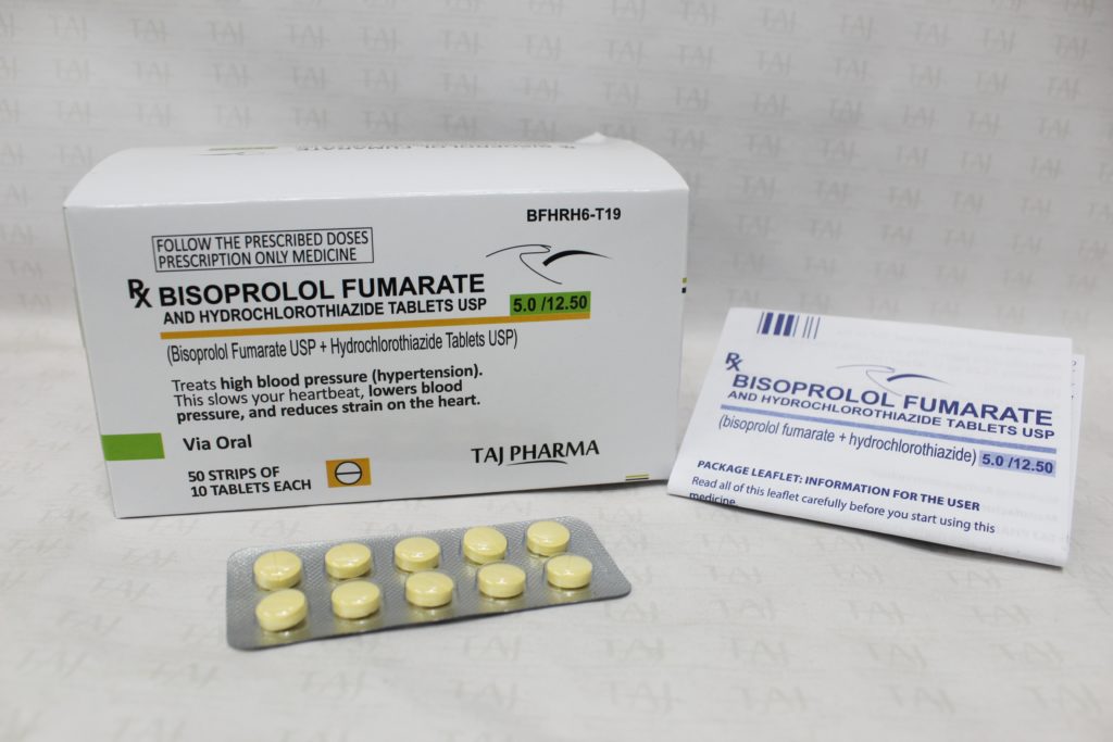 Bisoprolol Fumarate 5mg and Hydrochlorothiazide 12.5mg Tablets manufacturers & Bisoprolol Fumarate 5mg and Hydrochlorothiazide 12.5mg Tablets suppliers in India. Taj Pharmaceuticals, the well-known Bisoprolol Fumarate 5mg and Hydrochlorothiazide 12.5mg Tabletsmanufacturer in India gives the assurance of high-quality and purity. The company carries the rich experience in manufacturing of Bisoprolol Fumarate 5mg and Hydrochlorothiazide 12.5mg Tablets. Taj Pharmaceuticals is reputed manufacturer and Bisoprolol Fumarate 5mg and Hydrochlorothiazide 12.5mg Tablets suppliers from India. Get contact for Bisoprolol Fumarate 5mg and Hydrochlorothiazide 12.5mg Tablets manufacturing companies from India.