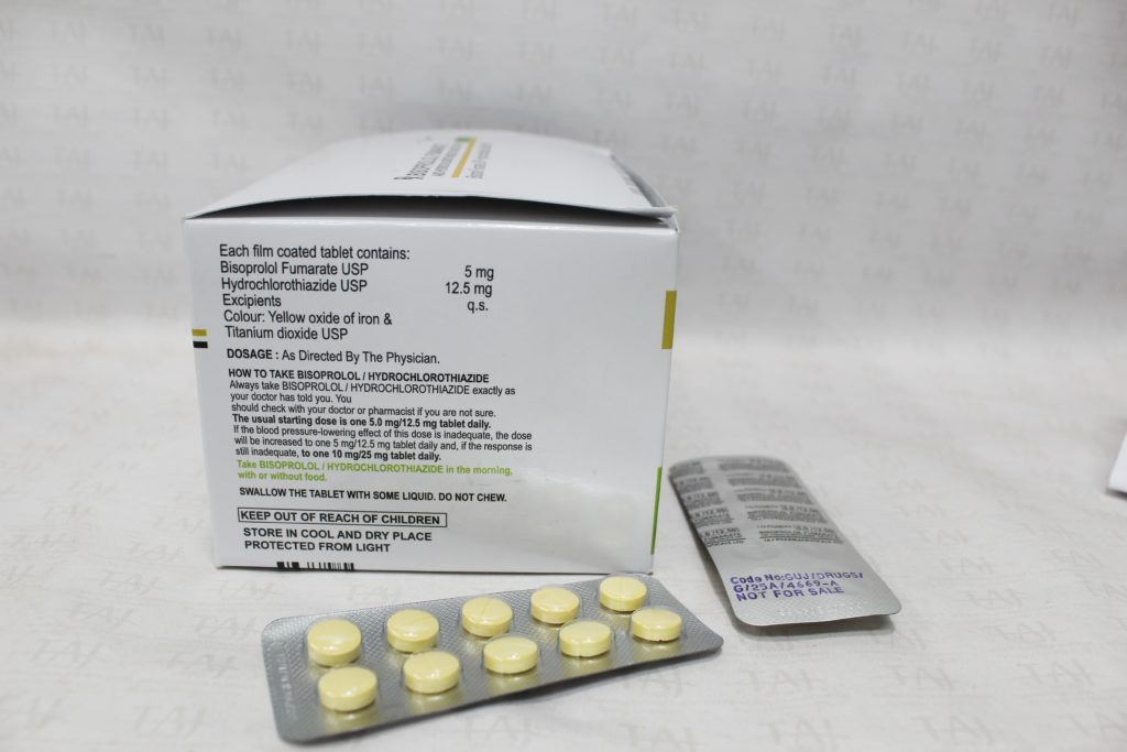 Taj Pharmaceuticals, the well-known Bisoprolol Fumarate 5mg and Hydrochlorothiazide 12.5mg Tablets Manufacturer in India gives the assurance of high-quality and purity. The company carries the rich experience in the niche manufacturing of Bisoprolol Fumarate 5mg and Hydrochlorothiazide 12.5mg Tablets. Taj Pharmaceuticals is reputed manufacturer and Bisoprolol Fumarate 5mg and Hydrochlorothiazide 12.5mg Tablets suppliers in India.