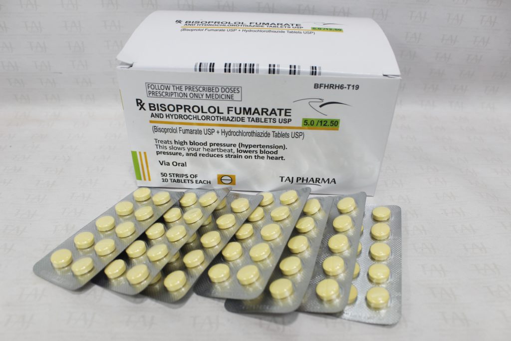 Taj Pharma is WHO-GMP Certified Pharmaceutical Wholesaler of Bisoprolol Fumarate 5mg and Hydrochlorothiazide 12.5mg Tablets, Bisoprolol Fumarate 5mg and Hydrochlorothiazide 12.5mg Tablets Supplier, Bisoprolol Fumarate 5mg and Hydrochlorothiazide 12.5mg Tablets Exporters from India. Taj Pharma holds excellent record in manufacturing of Bisoprolol Fumarate 5mg and Hydrochlorothiazide 12.5mg Tablets from India.
