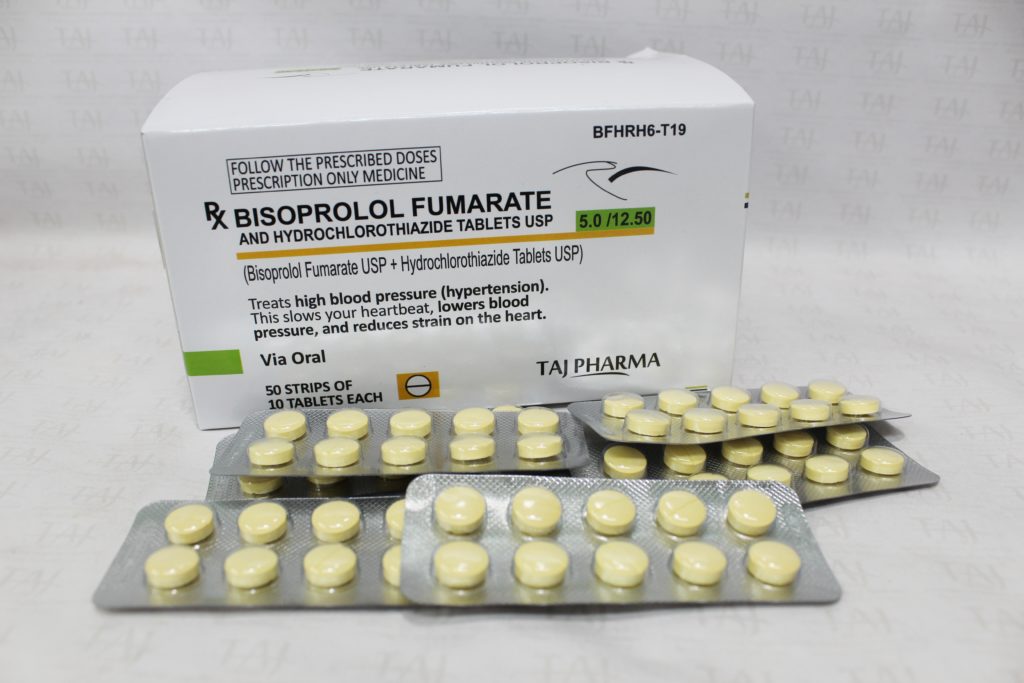 Find here Bisoprolol Fumarate 5mg and Hydrochlorothiazide 12.5mg Tablets FDA approved, Bisoprolol Fumarate 5mg and Hydrochlorothiazide 12.5mg Tablets manufacturers, suppliers & exporters in India. Get contract manufacturing for Bisoprolol Fumarate 5mg and Hydrochlorothiazide 12.5mg Tablets, Find best price for Bisoprolol Fumarate 5mg and Hydrochlorothiazide 12.5mg Tablets generic drug and Bisoprolol Fumarate 5mg and Hydrochlorothiazide 12.5mg Tablets generic version available at best price from GMP approved manufacturer.