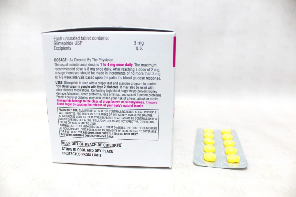 Find here Glimepiride 3mg Tablets FDA approved, Glimepiride 3mg Tablets manufacturers, suppliers & exporters in India. Get contract manufacturing for Glimepiride 3mg Tablets, Find best price for Glimepiride 3mg Tablets generic drug and Glimepiride 3mg Tablets generic version available at best price from GMP approved manufacturer.