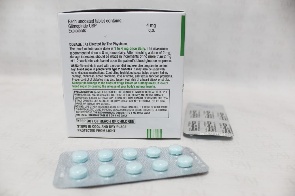 Find here Glimepiride 4mg Tablets FDA approved, Glimepiride 4mg Tablets manufacturers, suppliers & exporters in India. Get contract manufacturing for Glimepiride 4mg Tablets, Find best price for Glimepiride 4mg Tablets generic drug and Glimepiride 4mg Tablets generic version available at best price from GMP approved manufacturer.