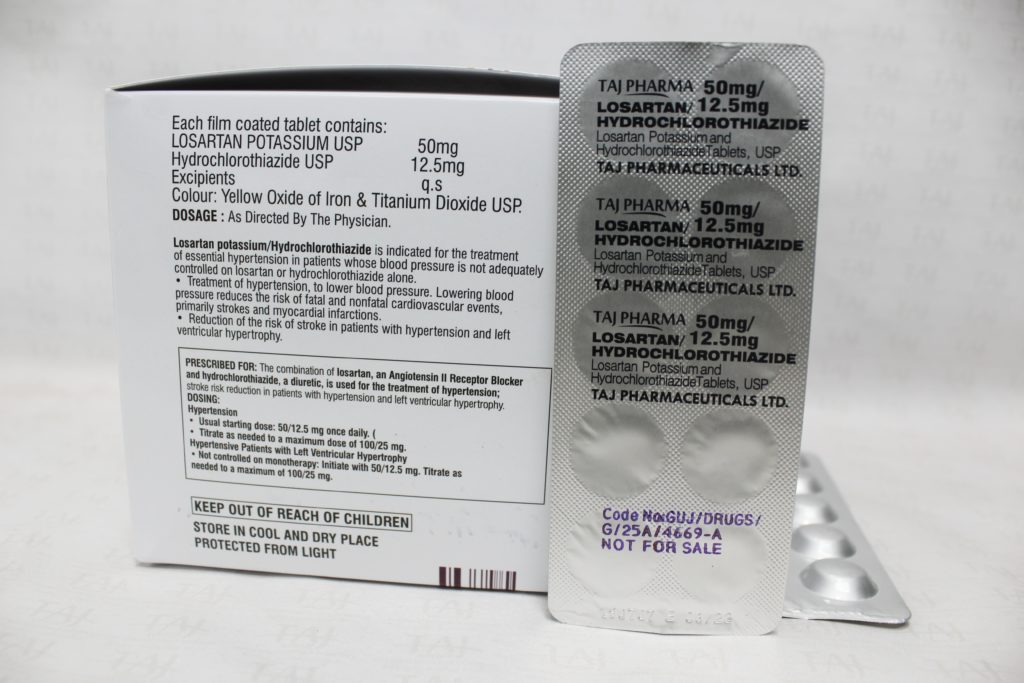 Taj Pharmaceuticals, the well-knownLosartan Potassium Hydrochlorothiazide 12.5mg Tablets Manufacturer in India gives the assurance of high-quality and purity. The company carries the rich experience in the niche manufacturing of Losartan Potassium Hydrochlorothiazide 12.5mg Tablets. Taj Pharmaceuticals is reputed manufacturer and Losartan Potassium Hydrochlorothiazide 12.5mg Tablets suppliers in India.