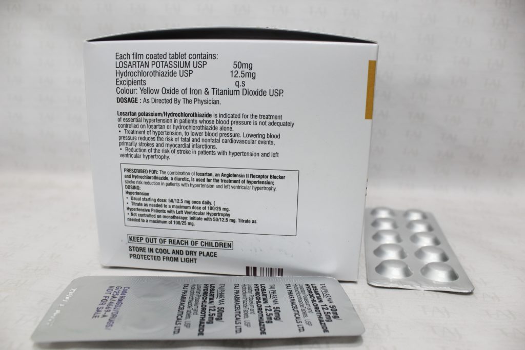 Taj Pharmaceuticals, the well-knownLosartan Potassium Hydrochlorothiazide 12.5mg Tablets Manufacturer in India gives the assurance of high-quality and purity. The company carries the rich experience in the niche manufacturing of Losartan Potassium Hydrochlorothiazide 12.5mg Tablets. Taj Pharmaceuticals is reputed manufacturer and Losartan Potassium Hydrochlorothiazide 12.5mg Tablets suppliers in India.