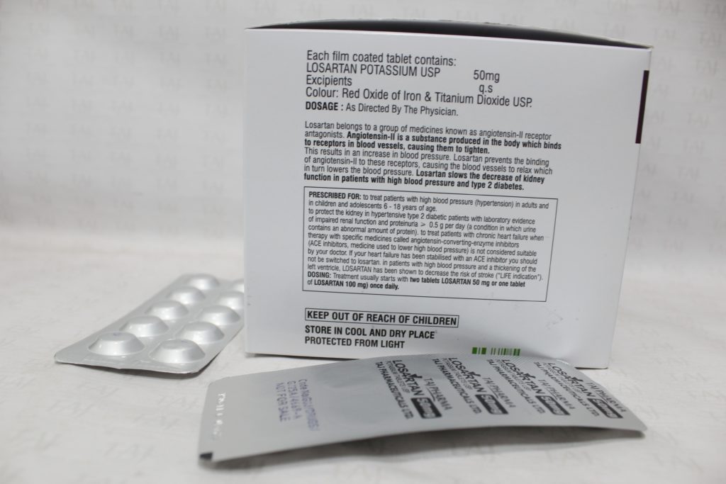 Taj Pharma is WHO-GMP Certified Pharmaceutical Wholesaler of Losartan Potassium 50mg Tablets, Losartan Potassium 50mg Tablets Supplier, Losartan Potassium 50mg Tablets Exporters from India. Taj Pharma holds excellent record in manufacturing of Losartan Potassium 50mg Tablets from India.