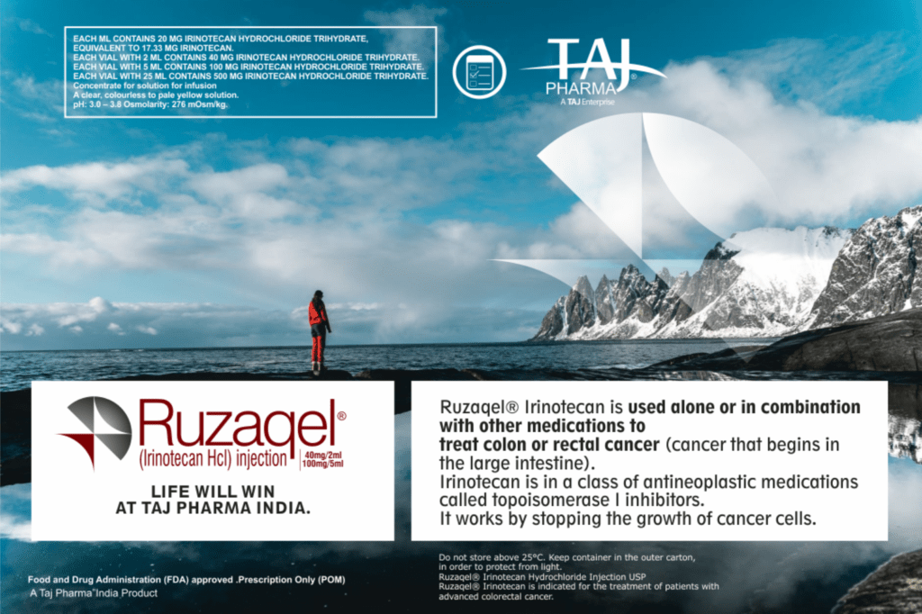 Ruzaqel Irinotecan Hydrochloride Injection manufacturers & Ruzaqel Irinotecan Hydrochloride Injection suppliers in India. Taj Pharmaceuticals, the well-known Ruzaqel Irinotecan Hydrochloride Injectionmanufacturer in India gives the assurance of high-quality and purity. The company carries the rich experience in manufacturing of Ruzaqel Irinotecan Hydrochloride Injection. Taj Pharmaceuticals is reputed manufacturer and Ruzaqel Irinotecan Hydrochloride Injection suppliers from India. Get contact for Ruzaqel Irinotecan Hydrochloride Injection manufacturing companies from India.
