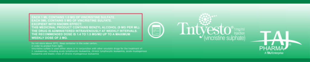 Find here Tntyesto Vincristine Sulphate 1mg/ml Injection FDA approved, Tntyesto Vincristine Sulphate 1mg/ml Injection manufacturers, suppliers & exporters in India. Get contract manufacturing for Tntyesto Vincristine Sulphate 1mg/ml Injection, Find best price for Tntyesto Vincristine Sulphate 1mg/ml Injection generic drug and Tntyesto Vincristine Sulphate 1mg/ml Injection generic version available at best price from GMP approved manufacturer.